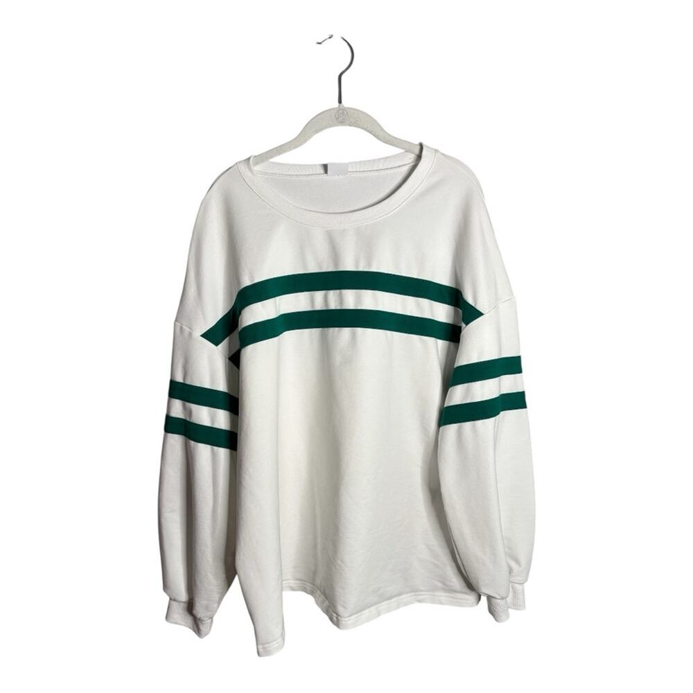 Wiholl White Crewneck Sweatshirt Green Stripe Long Sleeve XXL